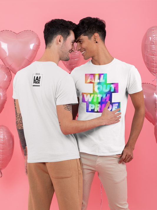 All Out with Pride color burst tee-shirt with LA Pride logo on back